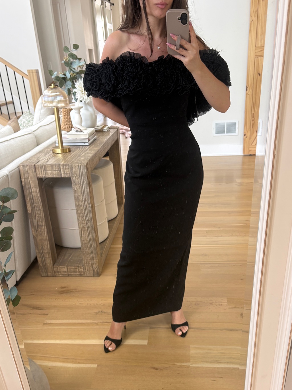 Strapless Black Ruffled Appliqu Column Dress